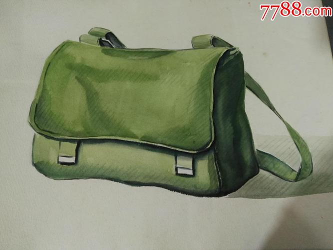 文革知青手绘水彩画绿背包原稿非印刷品